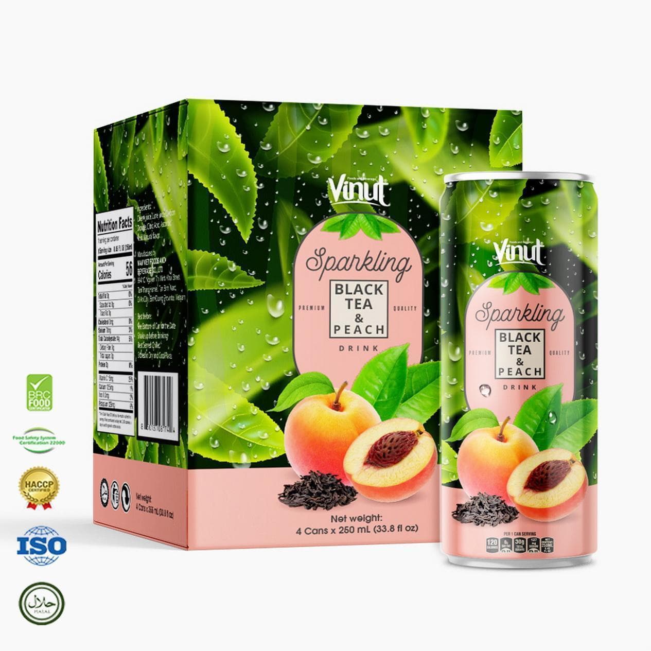 12 fl oz VINUT Sparkling Water Black tea & Peach (Pack of 4 Cans)