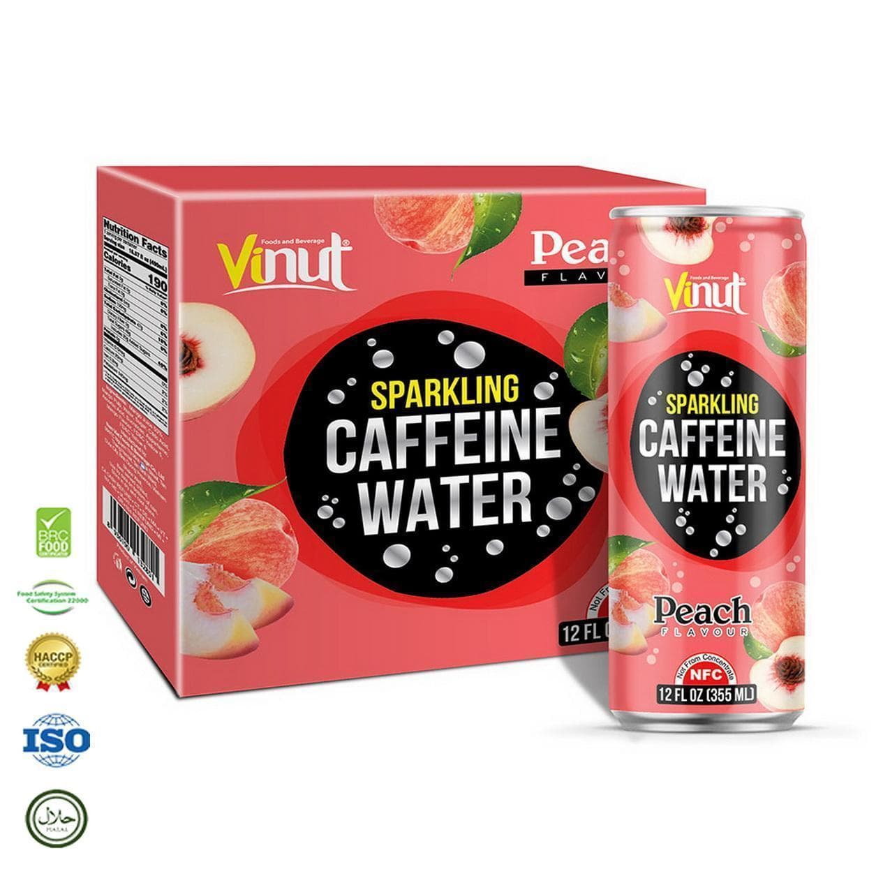 12 fl oz VINUT Sparkling Water Caffeine &amp; Peach flavor (Pack of 4 Cans)