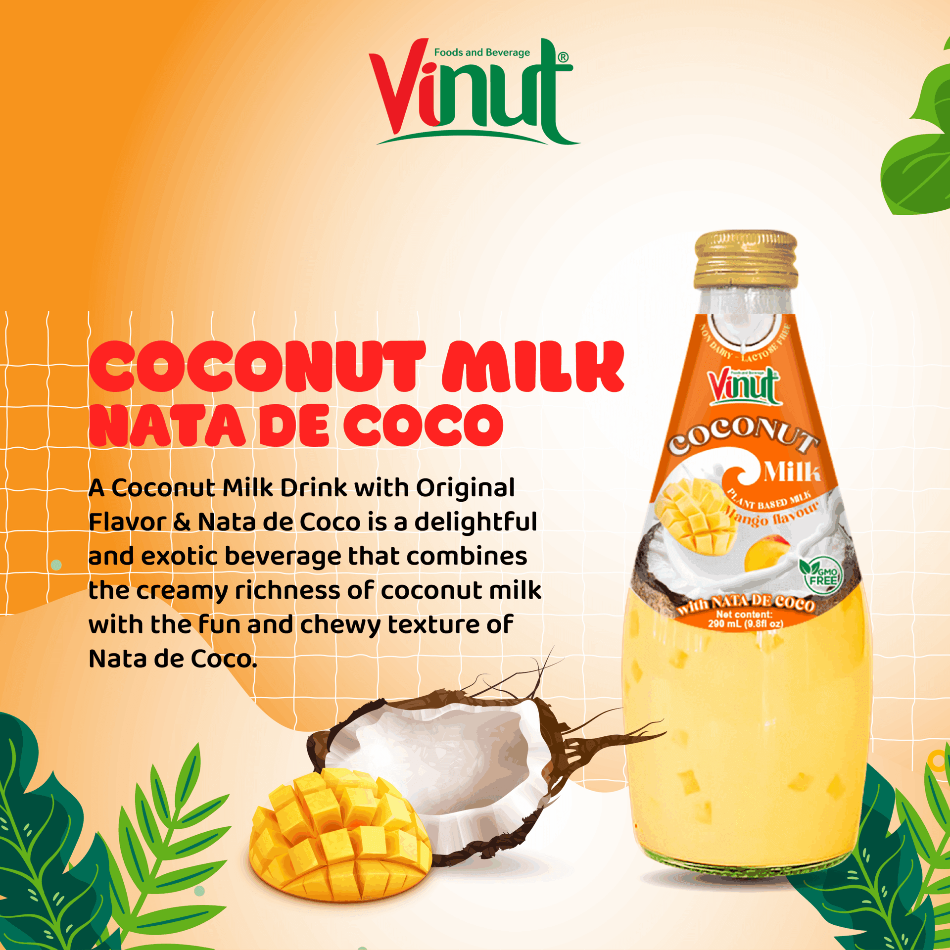 9.8 fl oz Vinut Bottle Coconut milk &amp; Mango with Nata de coco view 2