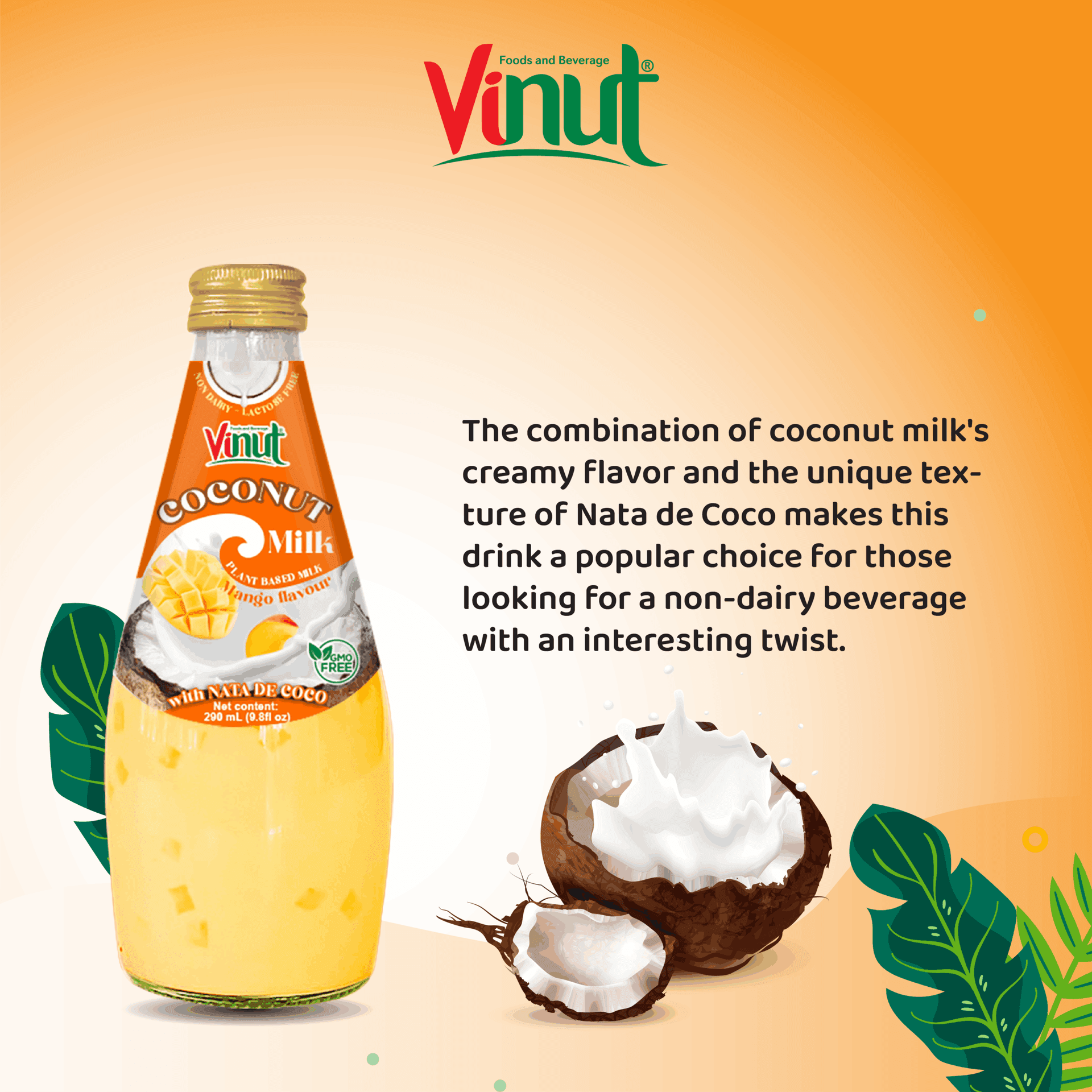 9.8 fl oz Vinut Bottle Coconut milk &amp; Mango with Nata de coco view 3