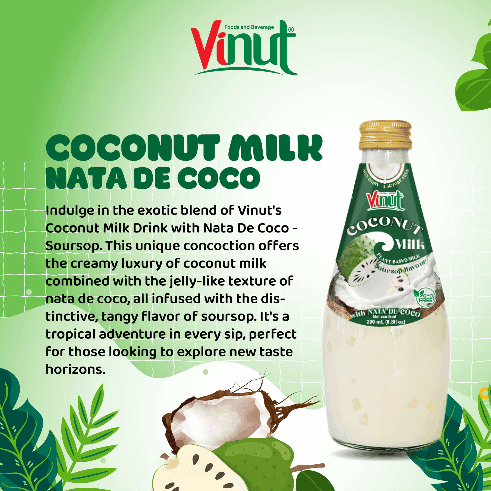 9.8 fl oz Vinut Bottle Coconut milk &amp; Soursop with Nata de coco view 2