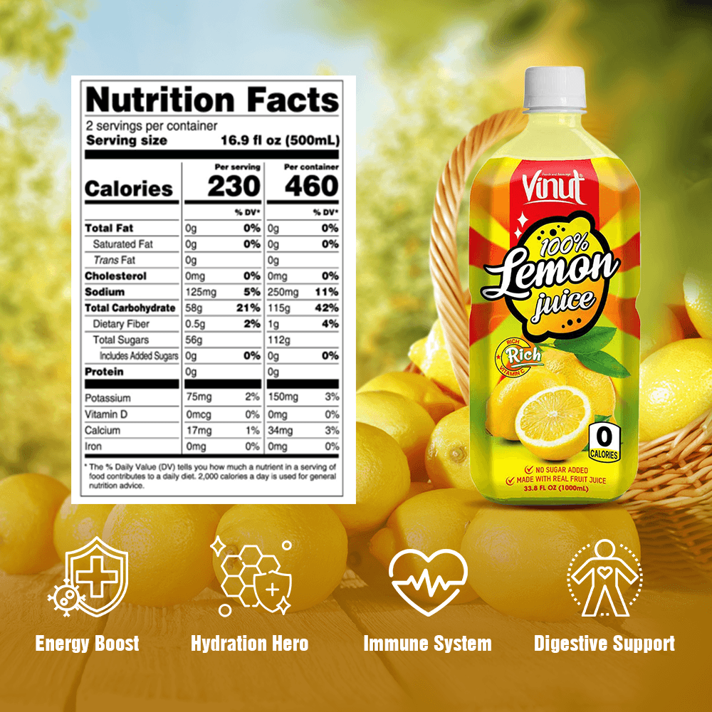 VINUT 100% Lemon Juice, Rich In Vitamin C, 0 Calories, No Sugar Added, Made With Real Fruit Juice, PET Bottle, 33.8 fl oz (1000 mL) view 3