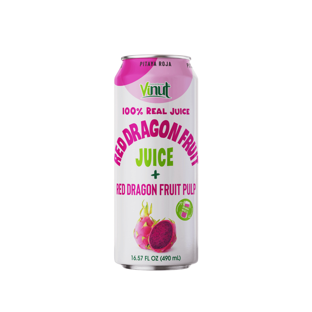 VINUT 100% Real Juice Red Dragon Fruit Juice + Red Dragon Fruit Pulp, Shake Well, Slim Can, 16.57 FL OZ (490 mL)