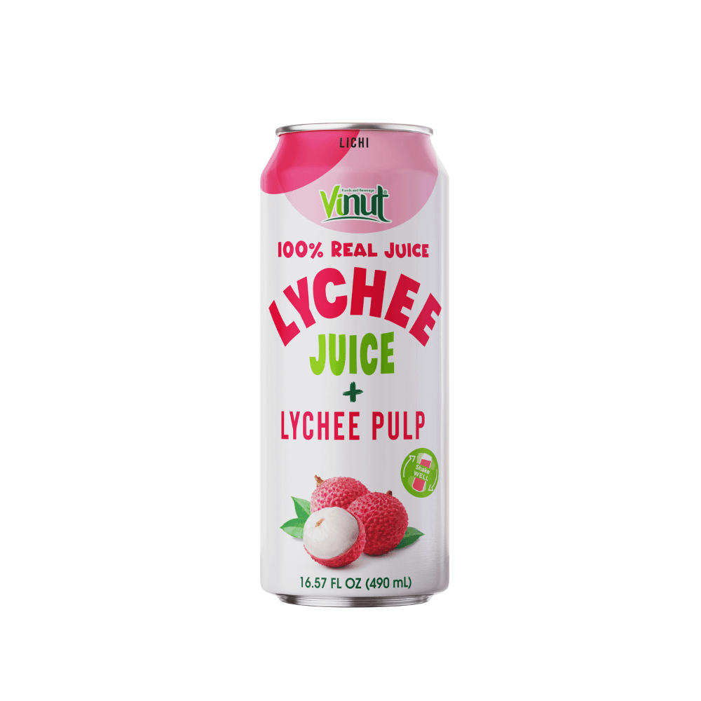 VINUT 100% Real Juice Lychee Juice + Lychee Pulp, Shake Well, Slim Can, 16.57 FL OZ (490 mL)