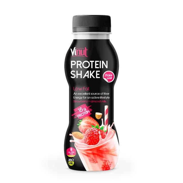 VINUT Protein Shake Strawberry + almond milk, Low Fat, 15 g Protein, Gluten Free, PET Bottle, (350 ml)