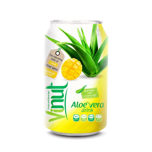 Vinut Aloe Vera Drink, Mango Flavour, Real Aloe Vera In Every Sip!, 44% Vitamin C, 131% Energy, 79 Kcal Calories, Can, (330 mL) view 1