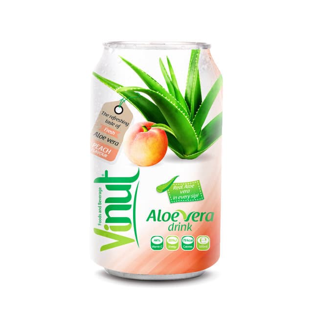 Vinut Aloe Vera Drink, Peach Flavour, Real Aloe Vera In Every Sip!, 44% Vitamin C, 131% Energy, 79 Kcal Calories, Can, (330 mL)