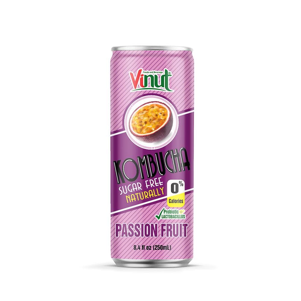 VINUT Kombucha, Passion Fruit, Sugar Free Naturally, 0% Calories, Probiotic Lactobacillus, Slim Can, 8.4 fl oz (250 mL)