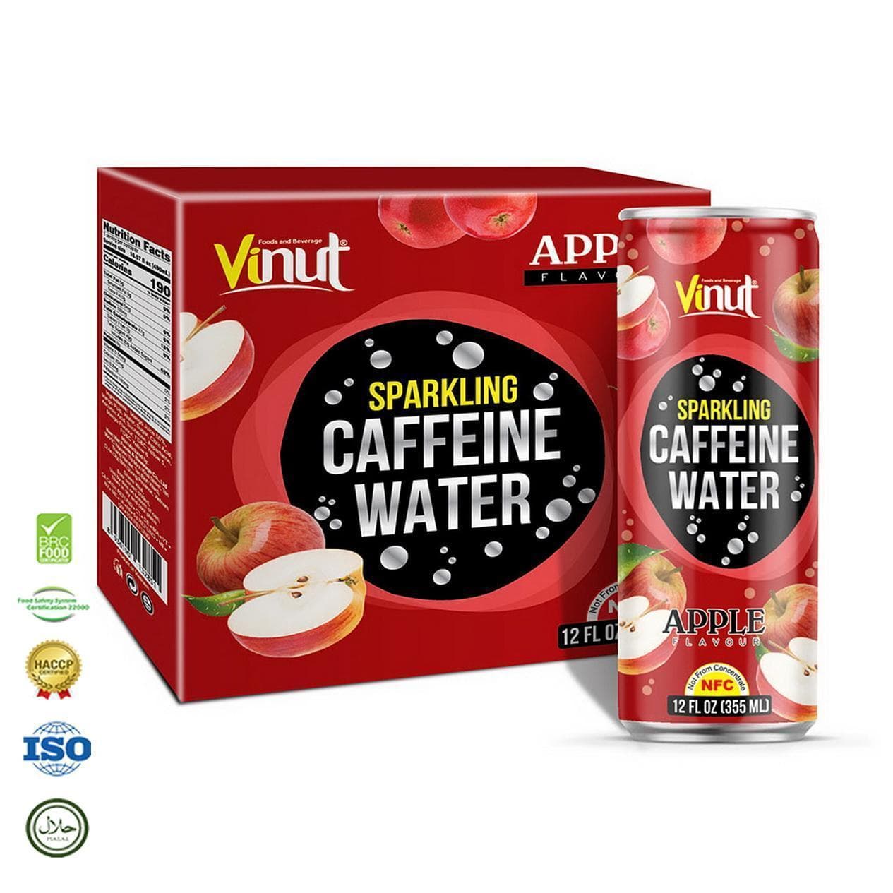 12 fl oz VINUT Sparkling Water Caffeine & Apple flavor (Pack of 4 Cans)