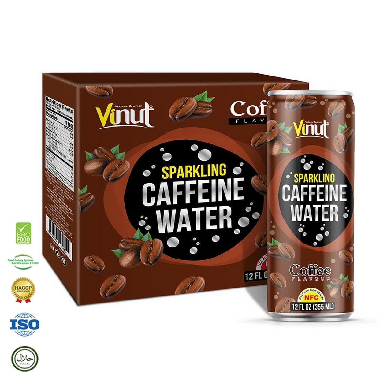 12 fl oz VINUT Sparkling Water Caffeine & Coffee flavor (Pack of 4 Cans)