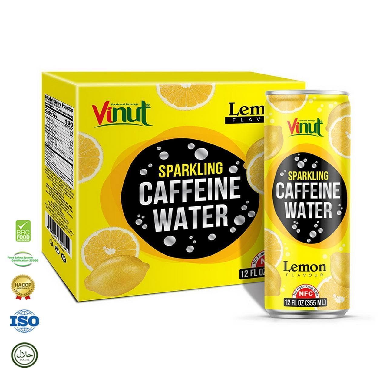 12 fl oz VINUT Sparkling Water Caffeine & Lemon flavor (Pack of 4 Cans)