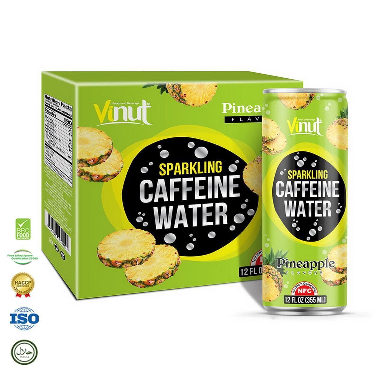 12 fl oz VINUT Sparkling Water Caffeine & Pineapple flavor (Pack of 4 Cans)