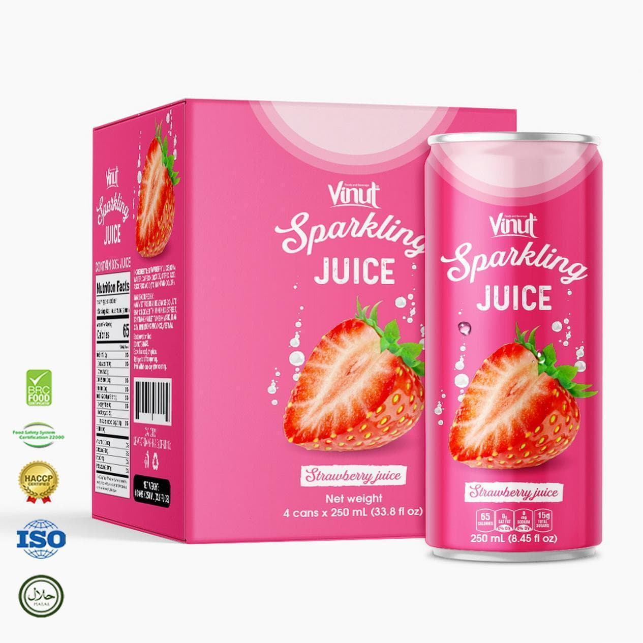 12 fl oz VINUT Sparkling Water Strawberry Juice (Pack of 4 Cans)