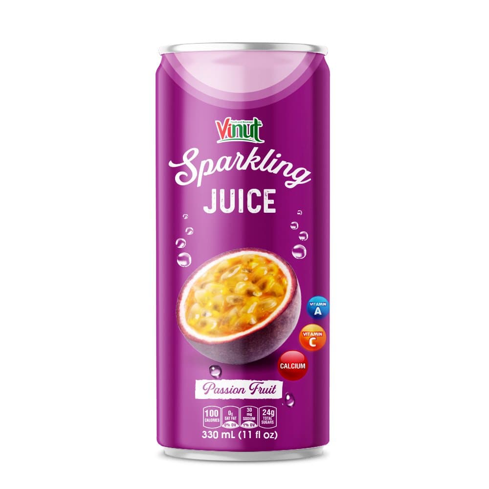 VINUT Sparkling Juice Passion Fruit, 100 Calories, Slim Can, 330 mL (11 fl oz)