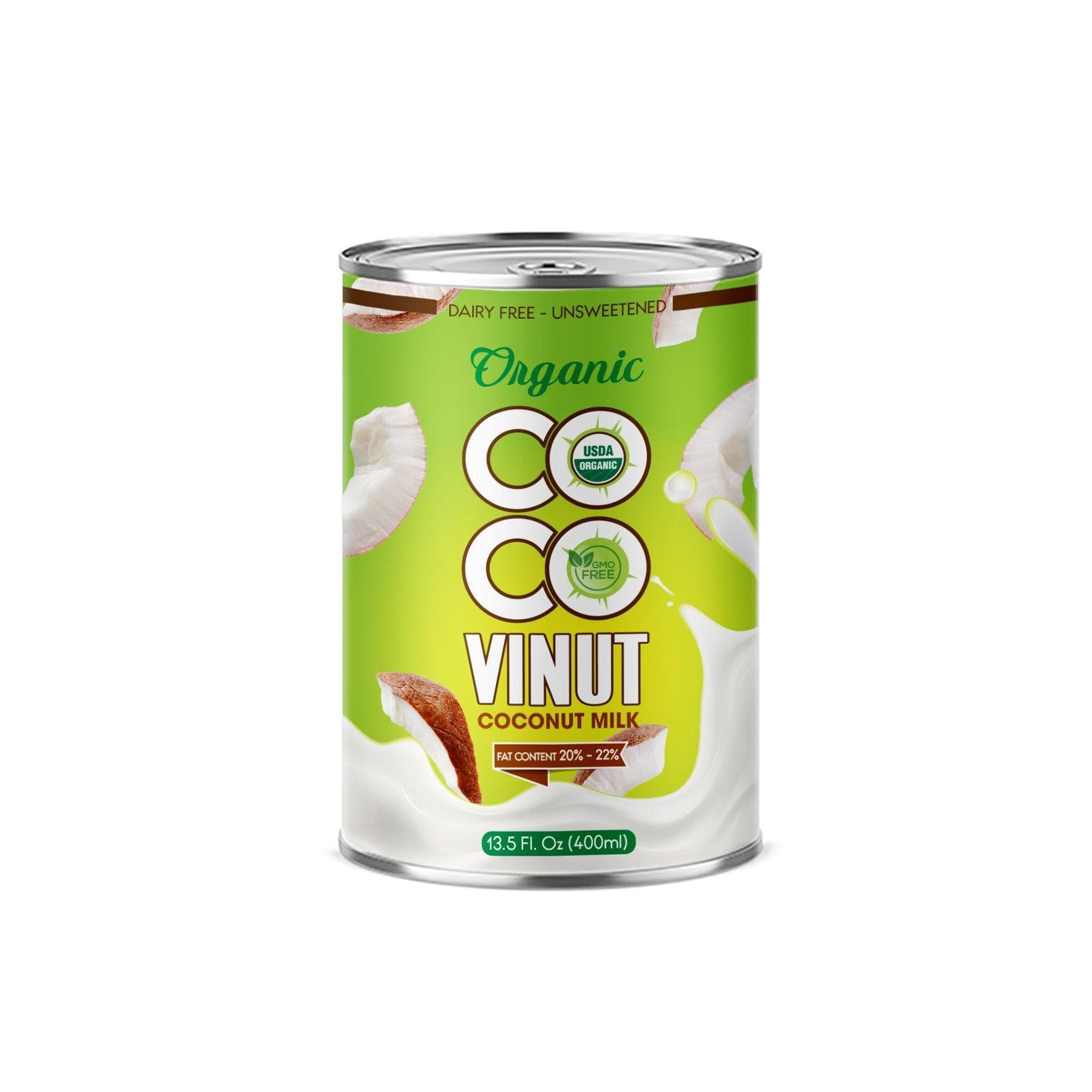 VINUT Organic Coconut Milk, Dairy Free, Unsweetened, USDA Organic, GMO Free, Fat Content 20% 22%, Can, 13.5 fl oz (400 mL)