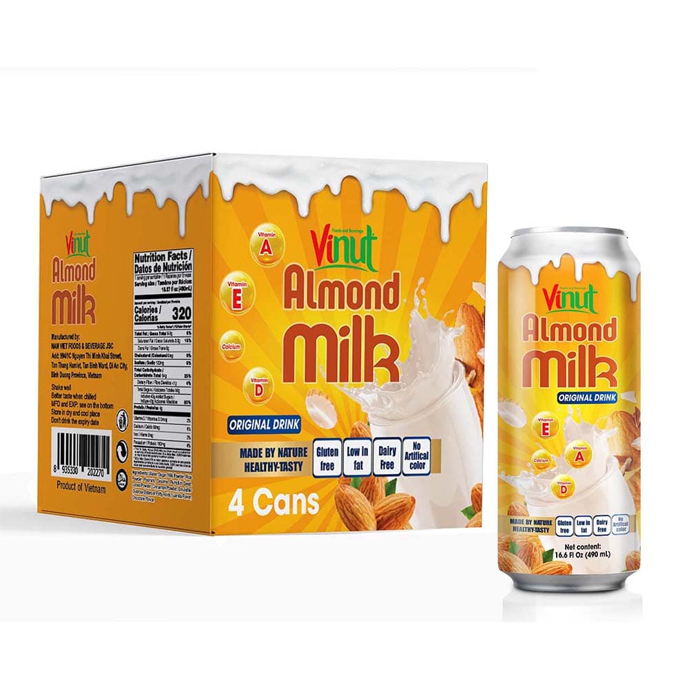 Box 4 Cans 16.6 fl oz Vinut Almond milk drink (Gluten free, Low-fat, Dairy free, No Artificial Color)