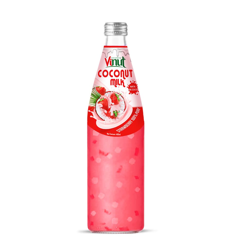 VINUT Coconut Milk Drink Strawberry with Nata de Coco 490ml Glass Bottle