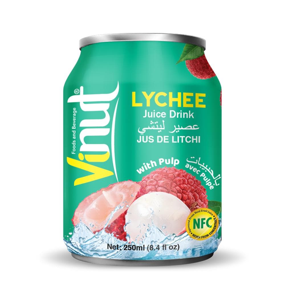 VINUT Lychee Juice Drink, With Pulp, NFC Squeezed From Real Fruit Juice Not From Concentrate, Short Can, 8.4 fl oz (250 mL)