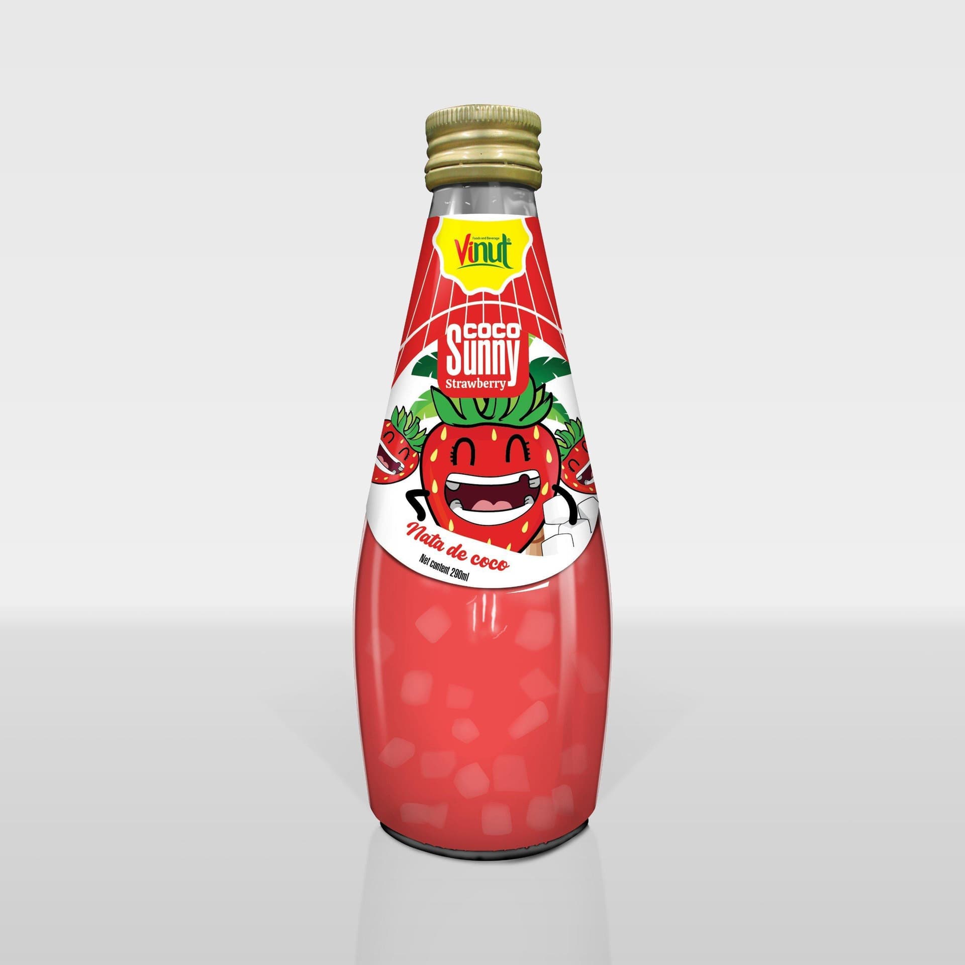 VINUT Strawberry Juice Drink, Coco Sunny, With Nata De Coco, Glass Bottle, (290 mL)