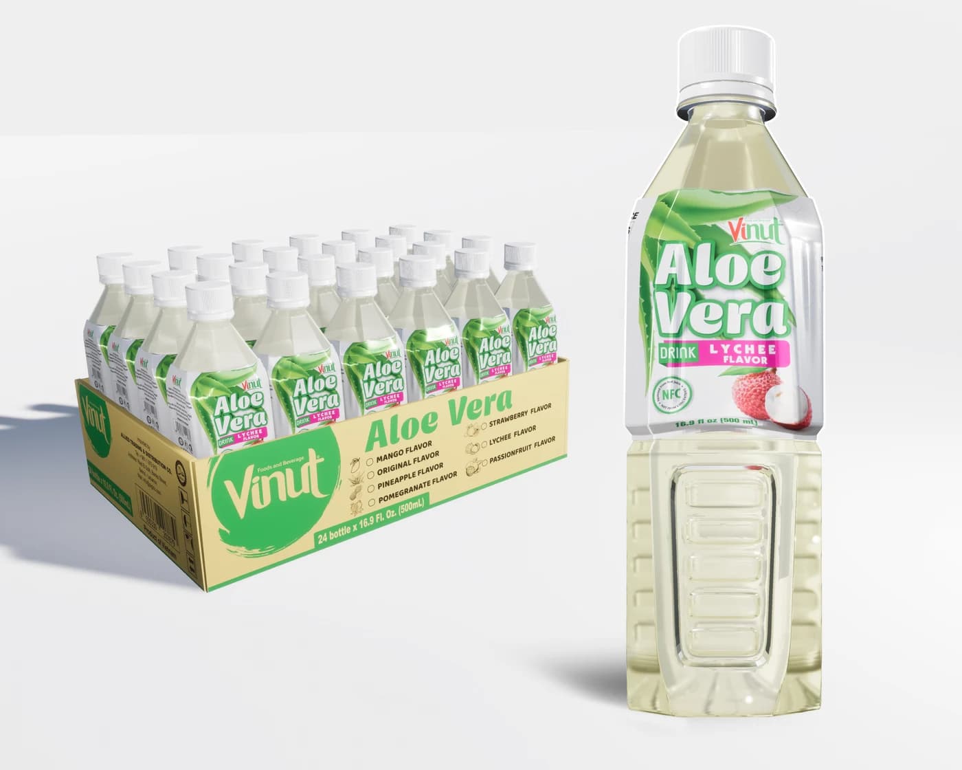 VINUT Aloe Vera Drink – Lychee Flavor, 500 mL (24-Pack)