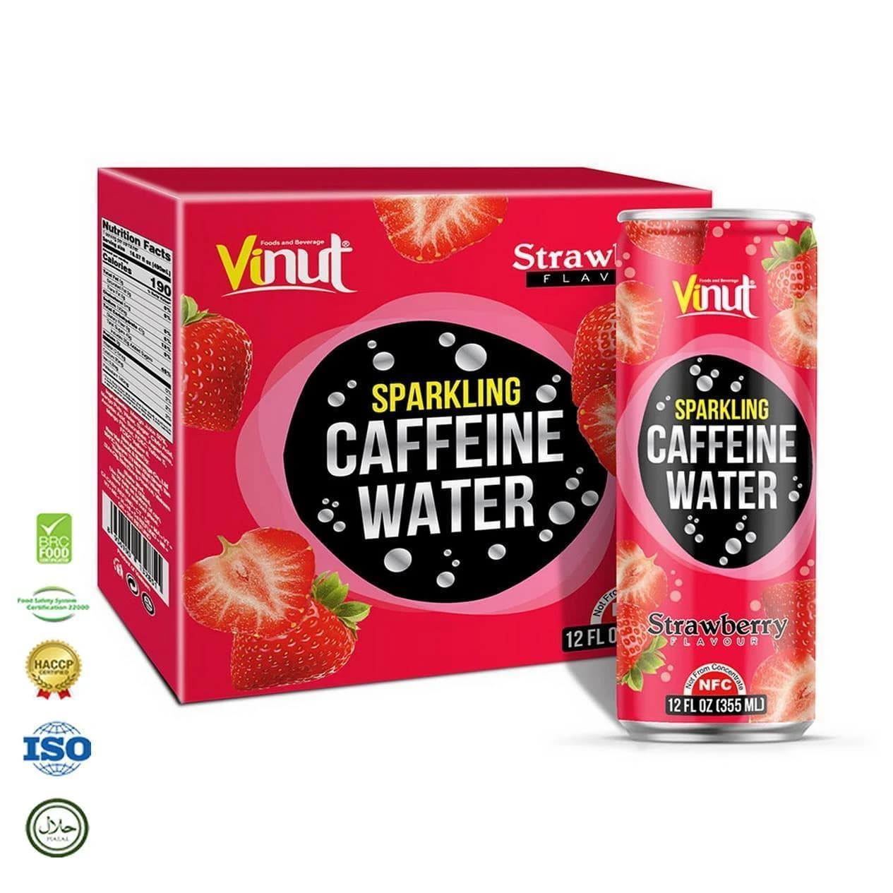 VINUT Sparkling Caffeine Water – Strawberry Flavour, 355 mL view 1