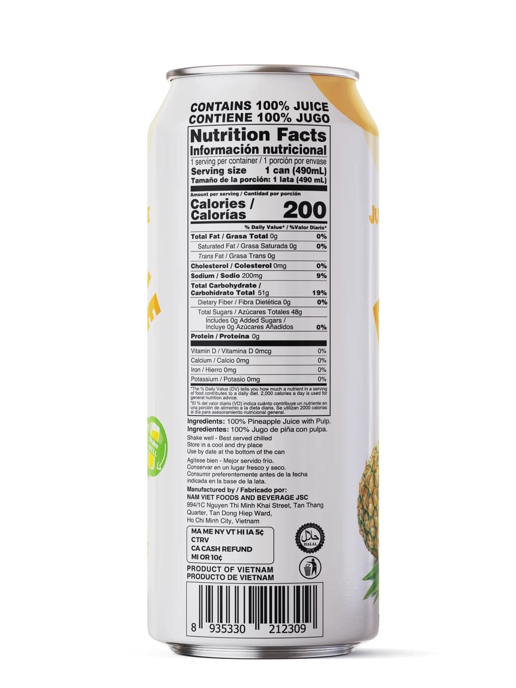 VINUT 100% Real Pineapple Juice with Pulp, 490 mL view 1