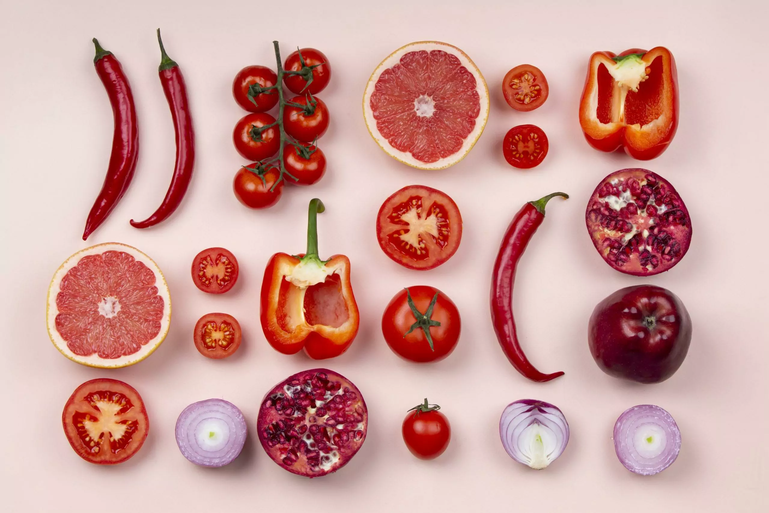 flat lay red fruits vegetables scaled