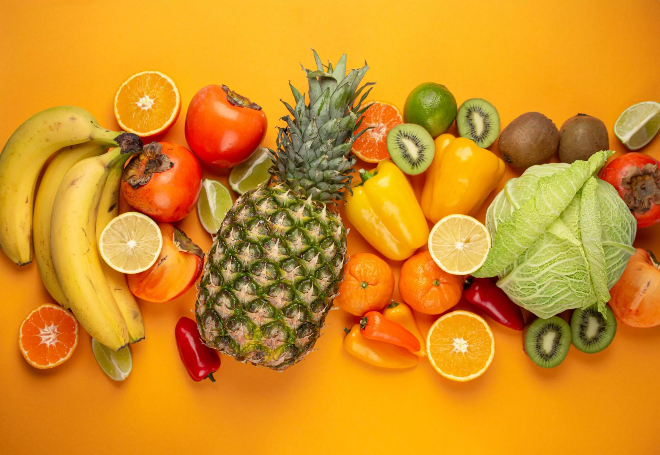 fruit citrus vegetables with vitamin c yellow orange background top view vitamin c natural sources immunity stimulation against viruses avitaminosis healthy food boost immune system scaled