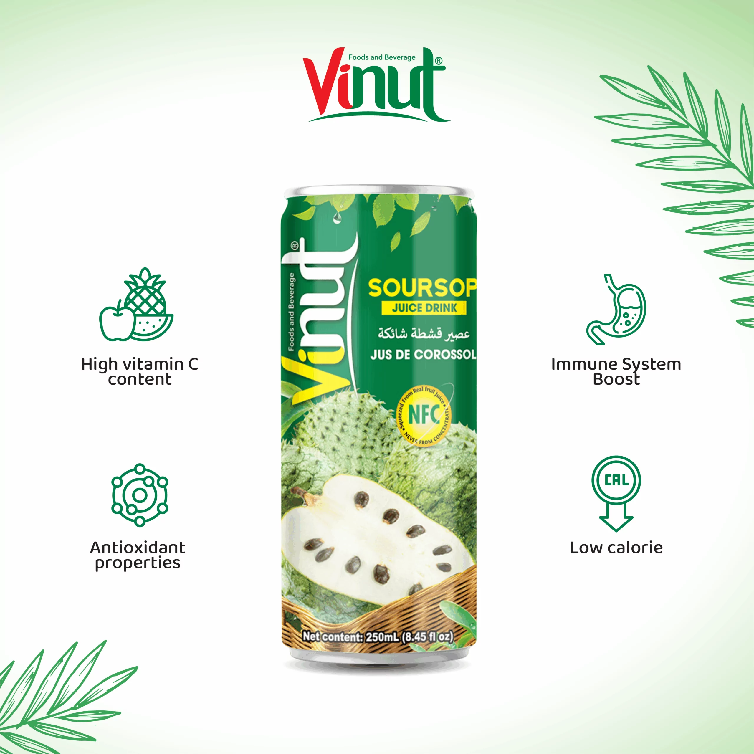 250ml VINUT Tin Can NFC Soursop Juice Drink - Image 3