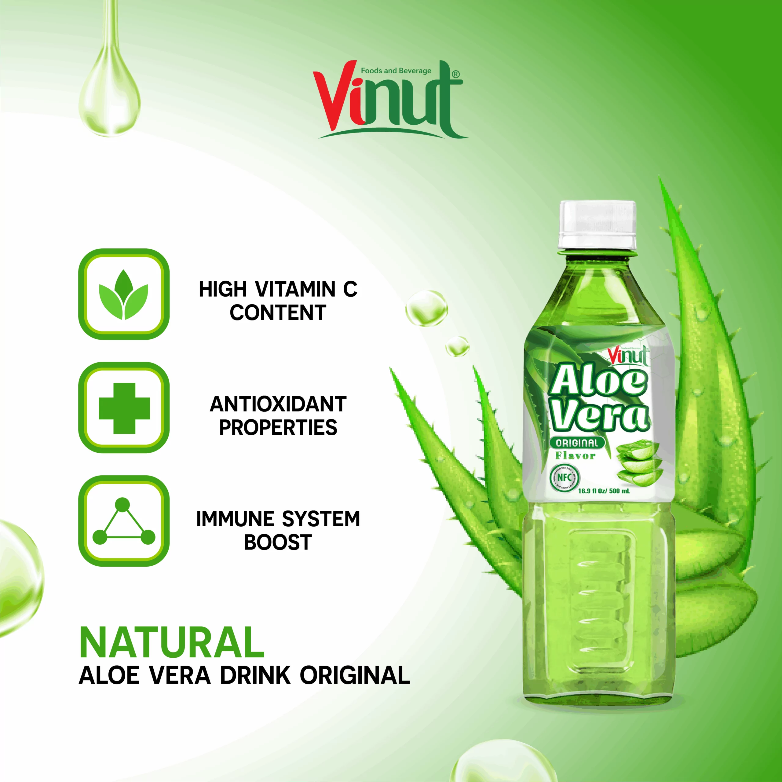 Vinut Aloe Vera Drink, Original Flavor, NFC, PET Bottle, 16.9 fl oz (500 mL) - Image 3