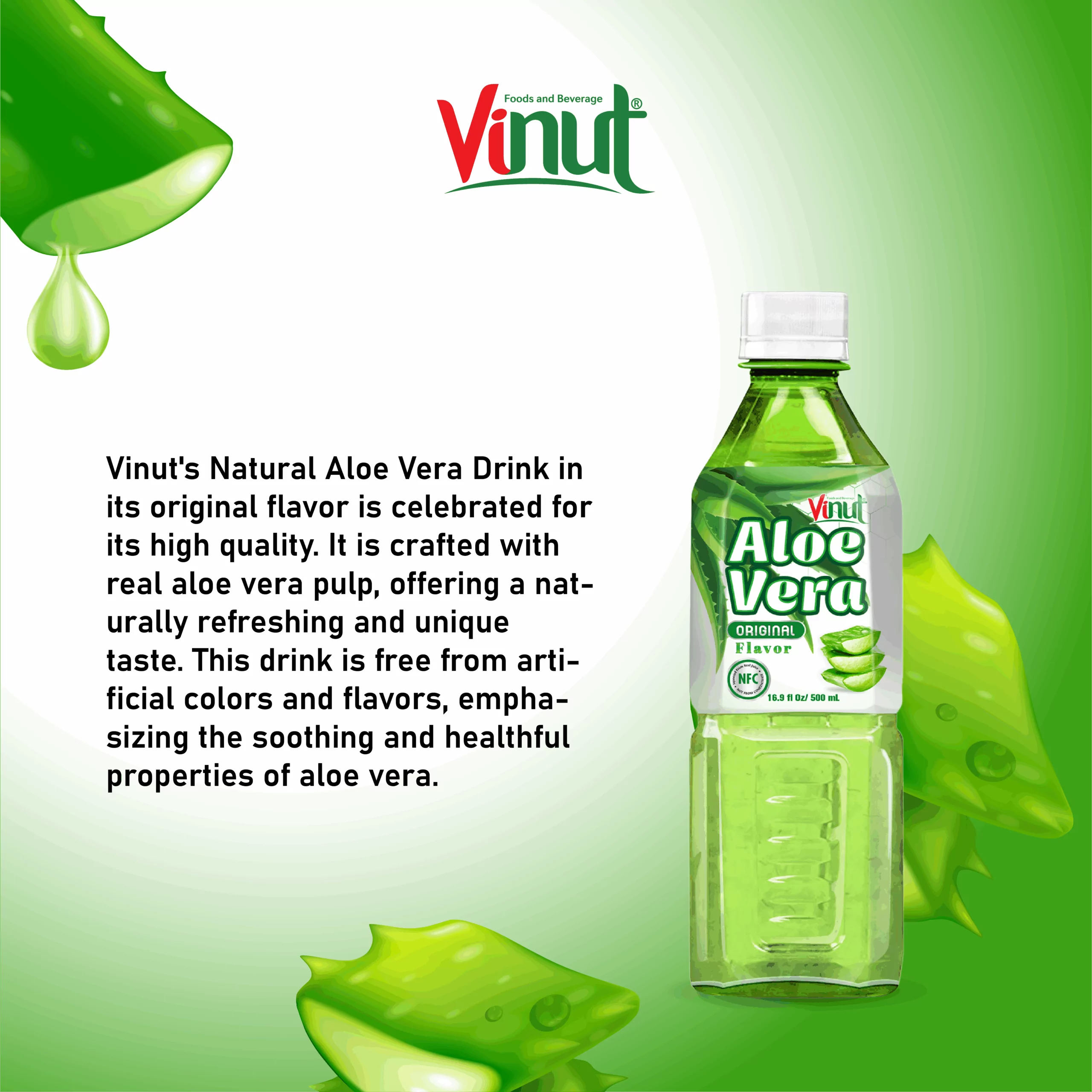 Vinut Aloe Vera Drink, Original Flavor, NFC, PET Bottle, 16.9 fl oz (500 mL) - Image 4
