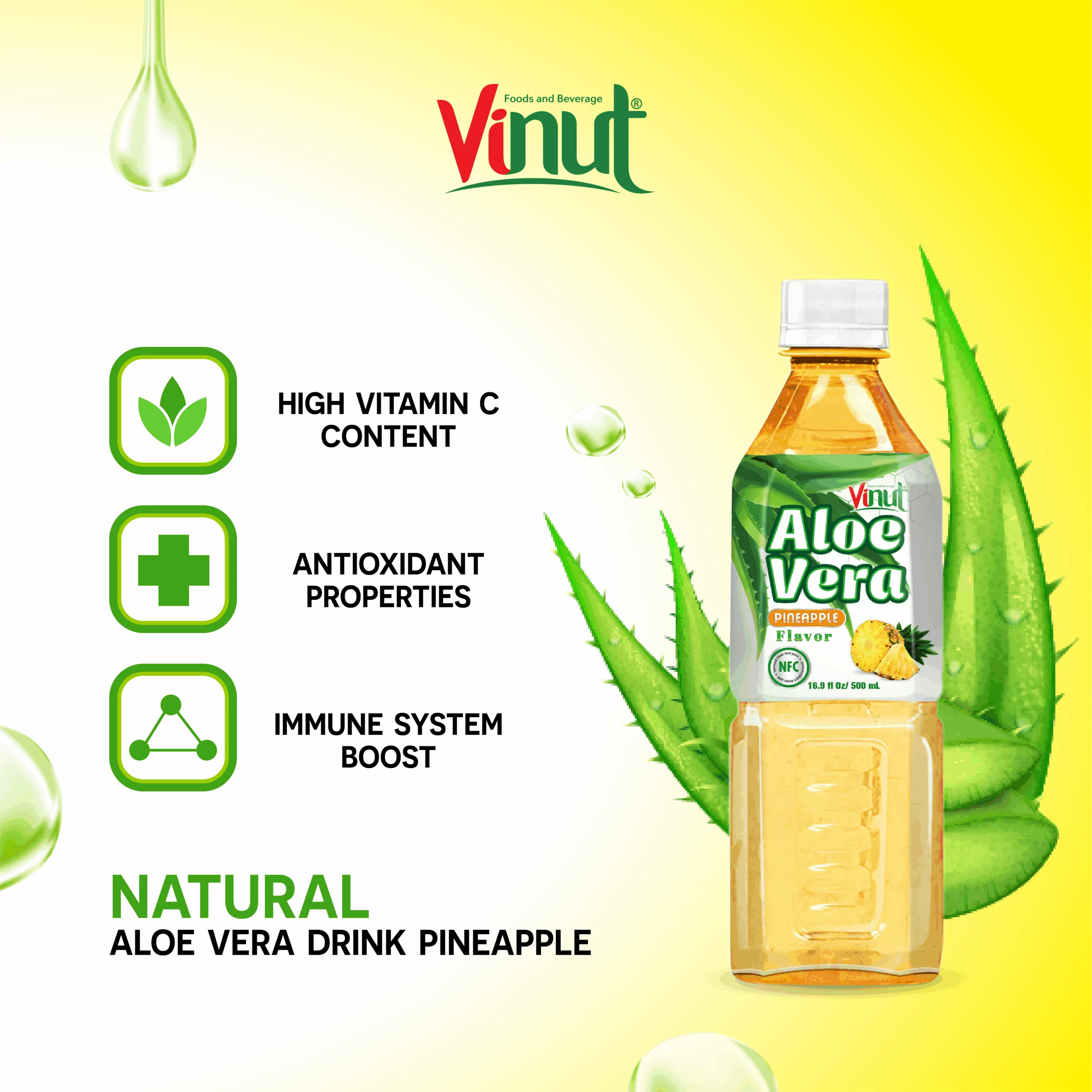 Vinut Aloe Vera Drink, Pineapple Flavor, NFC, PET Bottle, 16.9 fl oz (500 mL) - Image 3