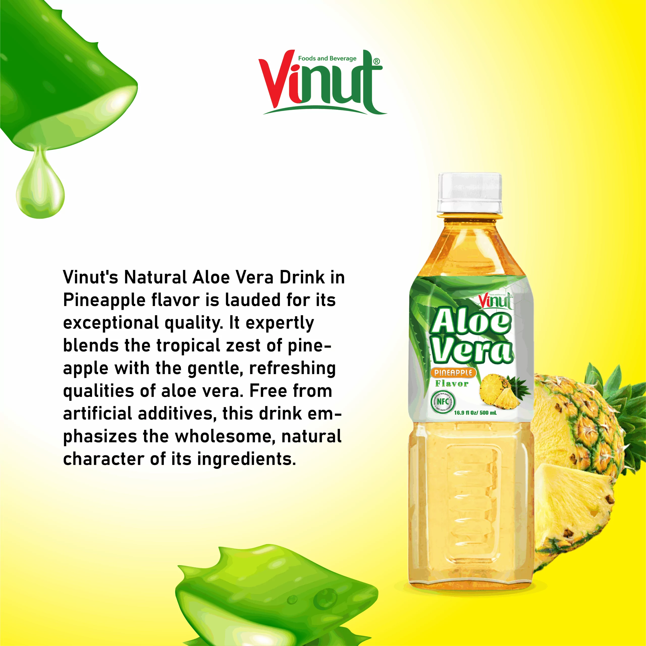 Vinut Aloe Vera Drink, Pineapple Flavor, NFC, PET Bottle, 16.9 fl oz (500 mL) - Image 4
