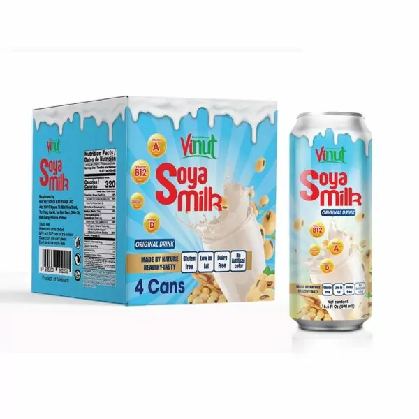 Box 4 Cans 16.6 fl oz Vinut Soya milk drink (Gluten free, Low-fat, Dairy free, No Artificial Color)