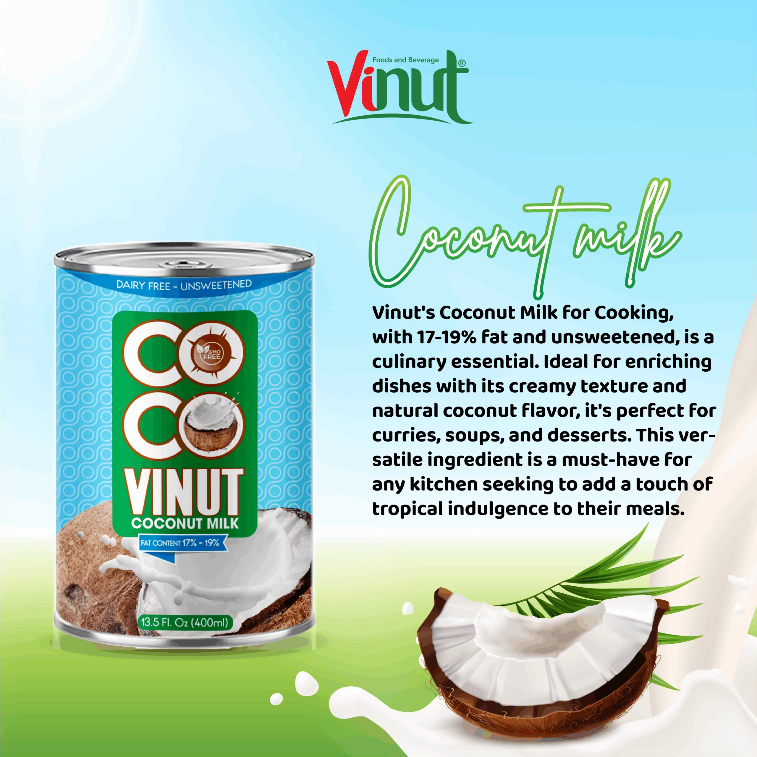 VINUT_Coconut milk 400ml tin can 17% -19% Fat