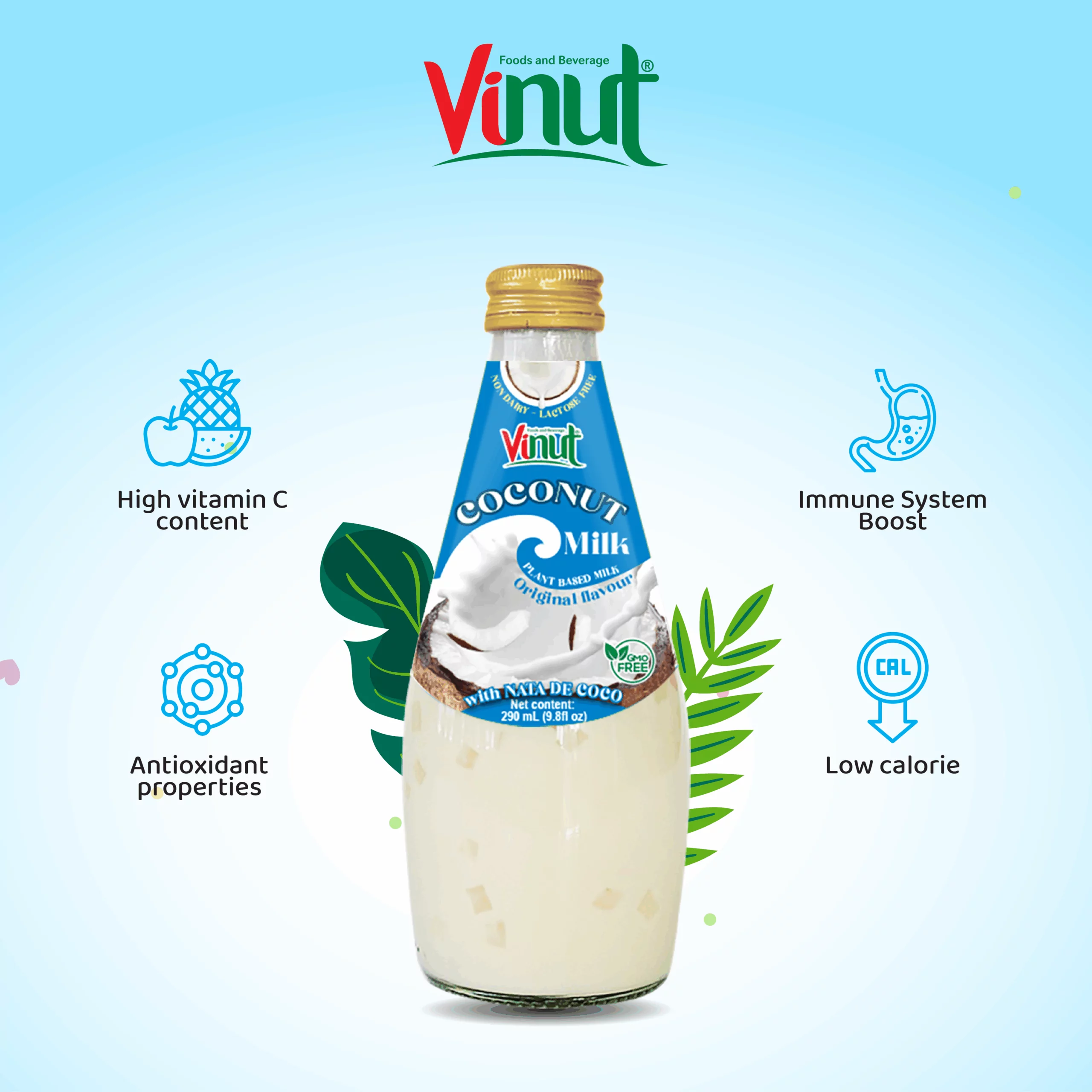 9.8 fl oz Vinut Bottle Coconut milk Original with Nata de coco