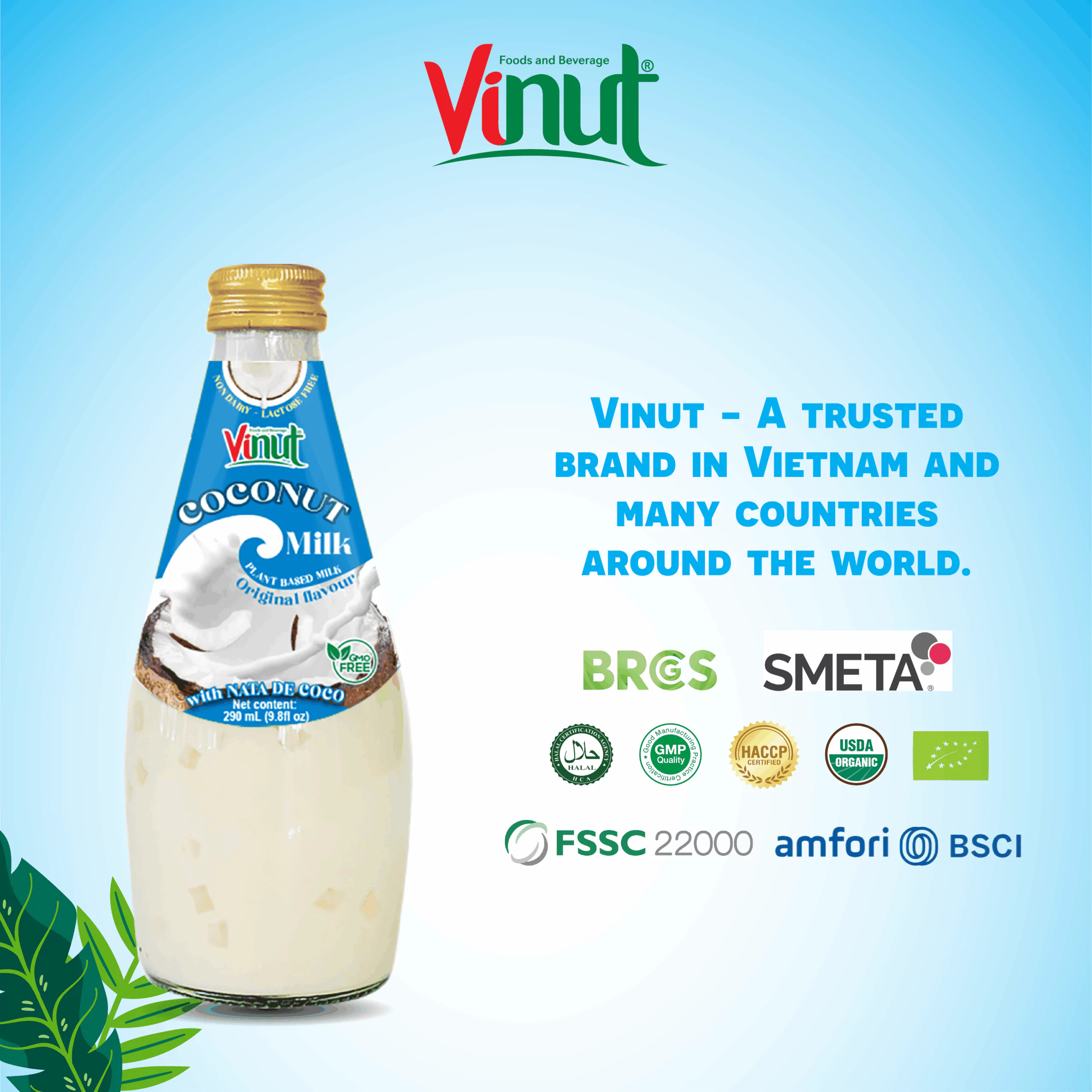 9.8 fl oz Vinut Bottle Coconut milk Original with Nata de coco