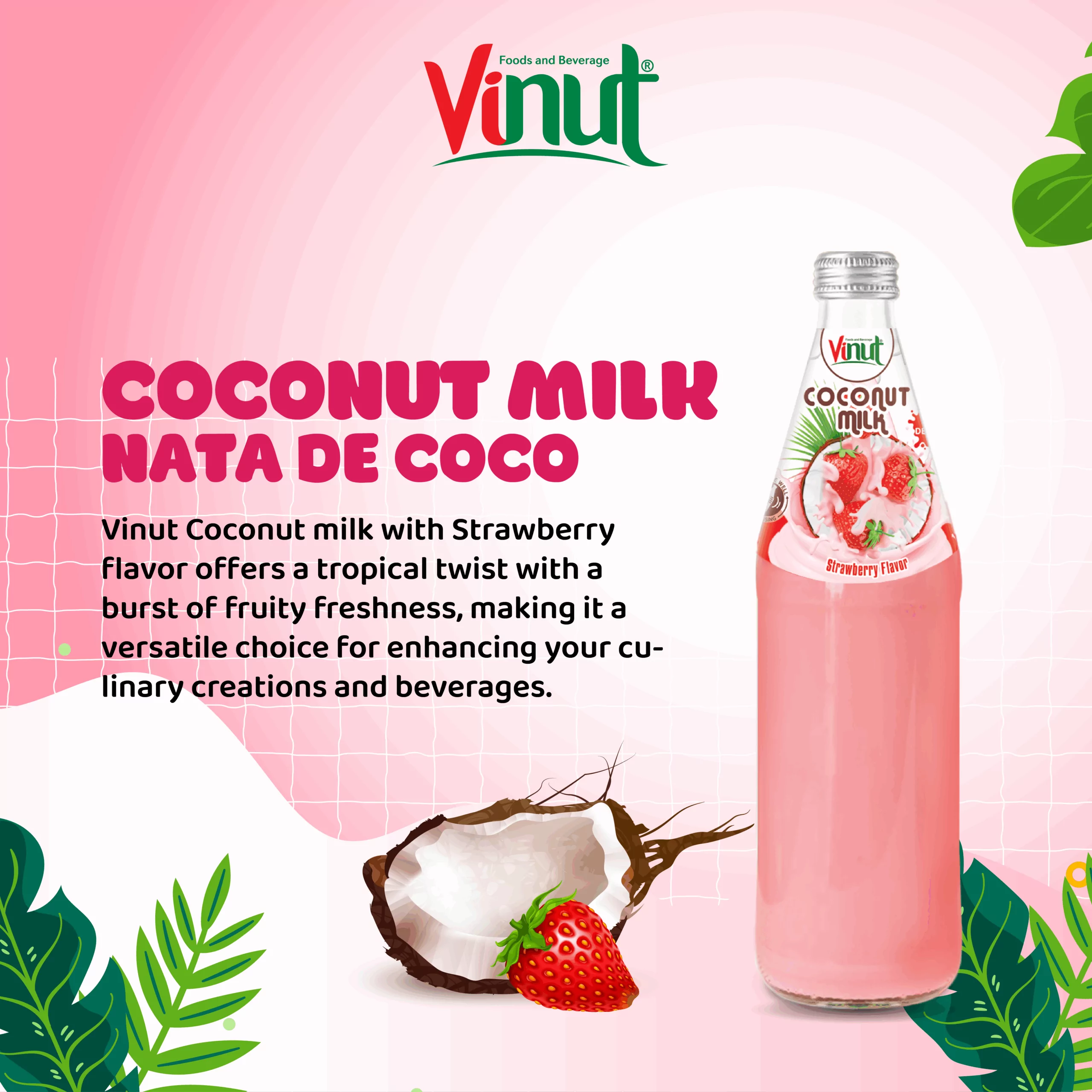 490ml Vinut Bottle Coconut milk Strawberry with Nata de coco