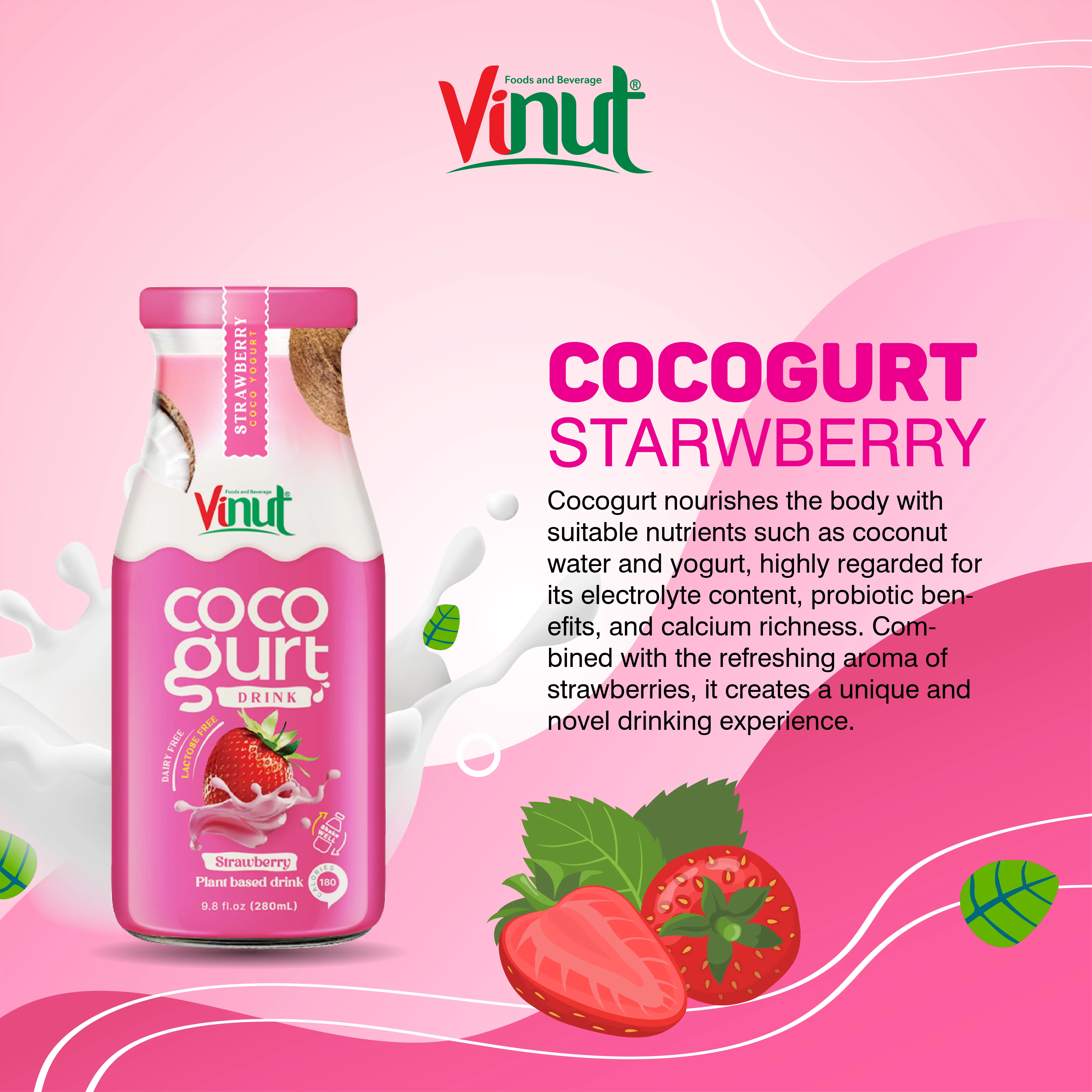 280ml Vinut Cocogurt (Coconut milk) drink with Strawberry (Lactose free, Dairy free, Plant based)