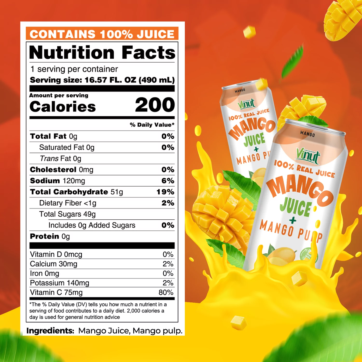 16. 57 fl oz Vinut 100% NFC Mango Juice Drink with Pulp (No Added Sugar) - Image 3
