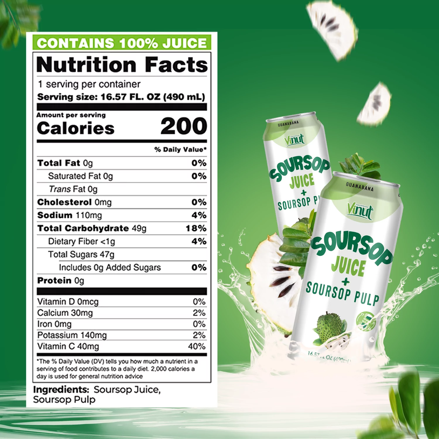 16. 57 fl oz Vinut 100% NFC Soursop Juice Drink with Pulp (No Sugar Added)