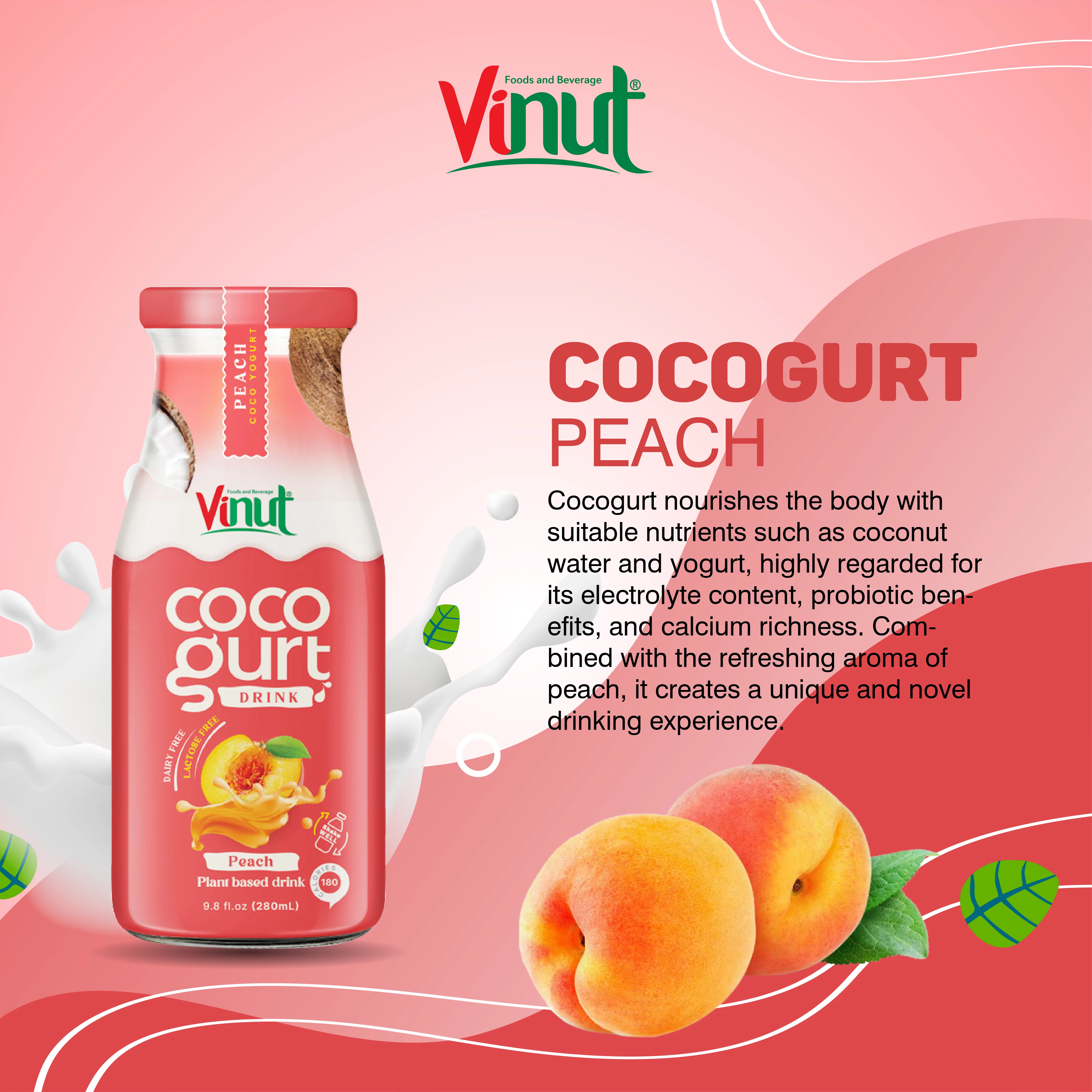 280ml Vinut Cocogurt (Coconut milk) drink with Peach (Lactose free, Dairy free, Plant based)