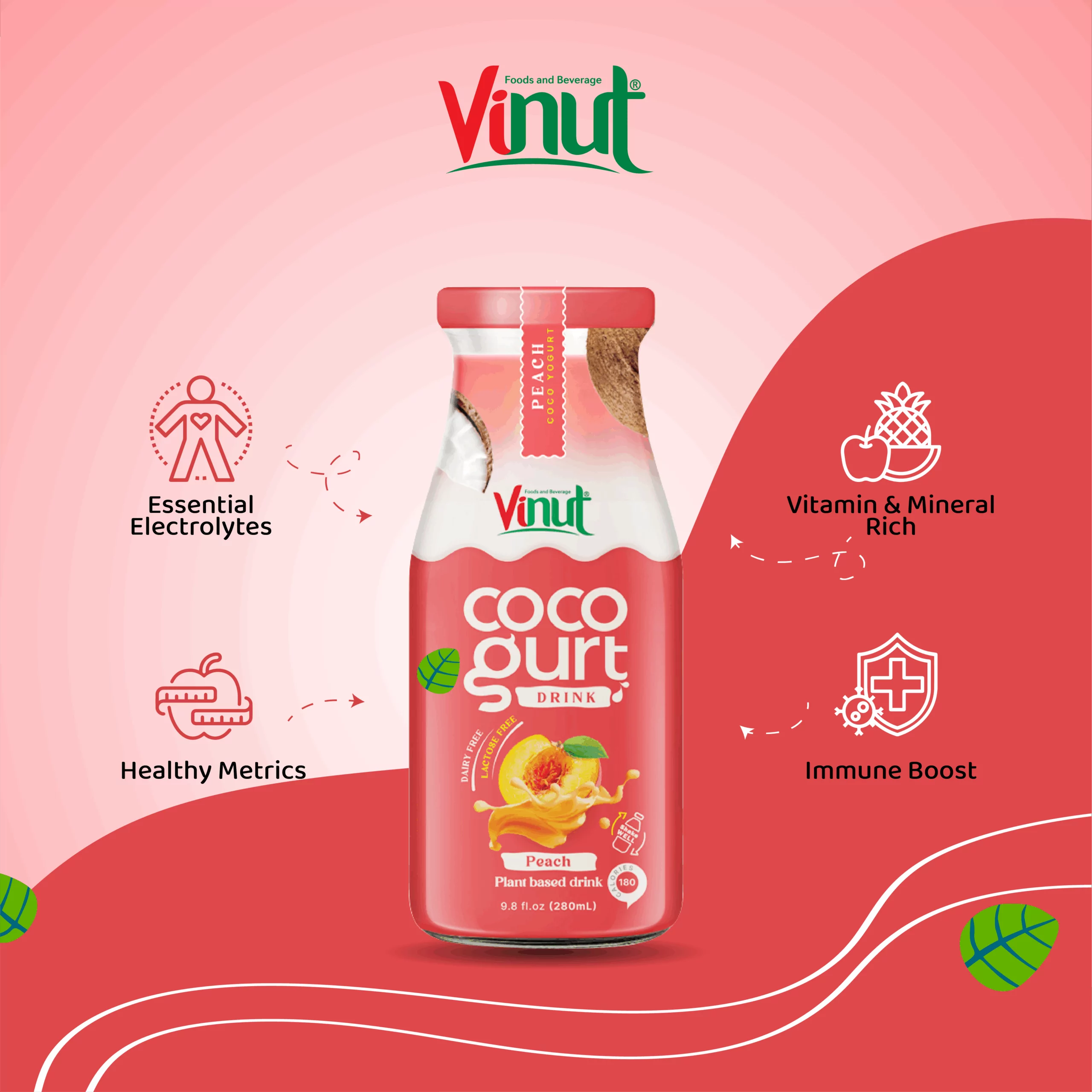280ml Vinut Cocogurt (Coconut milk) drink with Peach (Lactose free, Dairy free, Plant based)