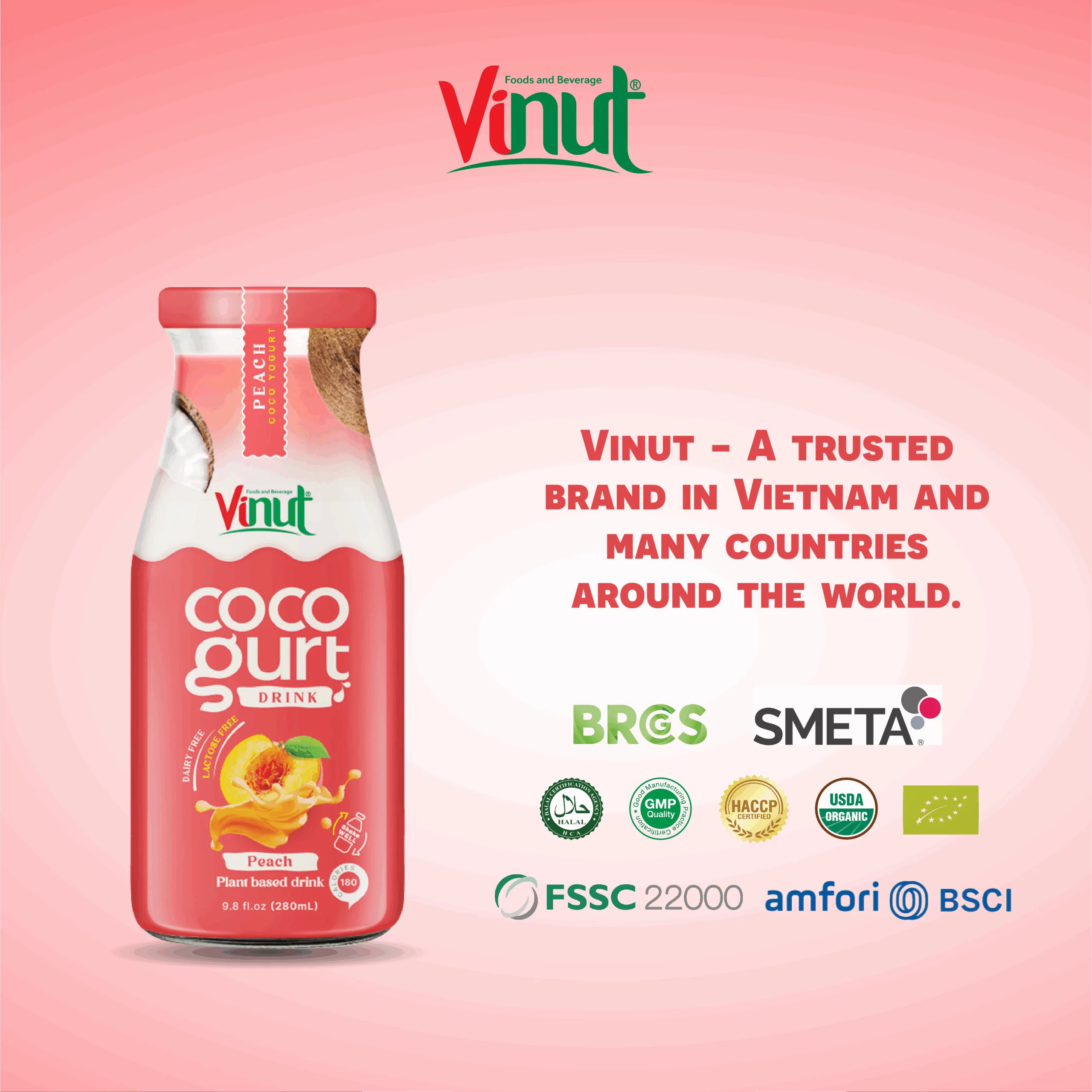 280ml Vinut Cocogurt (Coconut milk) drink with Peach (Lactose free, Dairy free, Plant based)